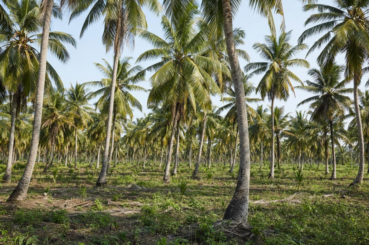 Coconut plantation with tall palms over natural ground cover